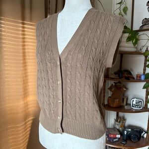 Vintage Chaus Tan Brown V-Neck Button Up Cable Knit Sweater Vest Size Small